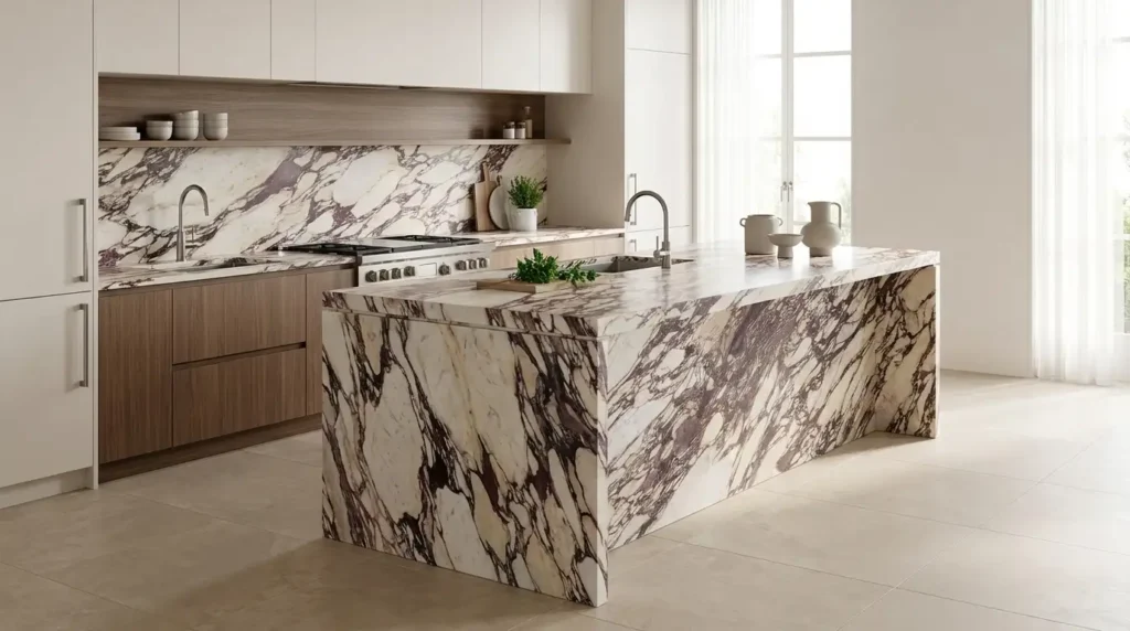 Calacatta Viola marble kitchen countertop and island with burgundy and violet veining