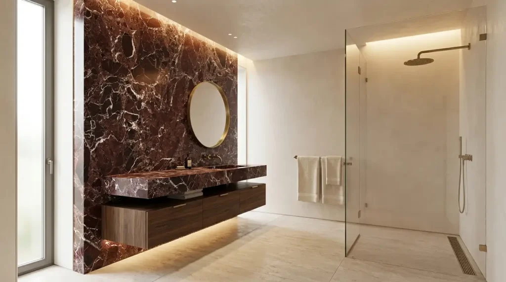 Rosso Levanto marble feature wall and vanity in a luxury bathroom