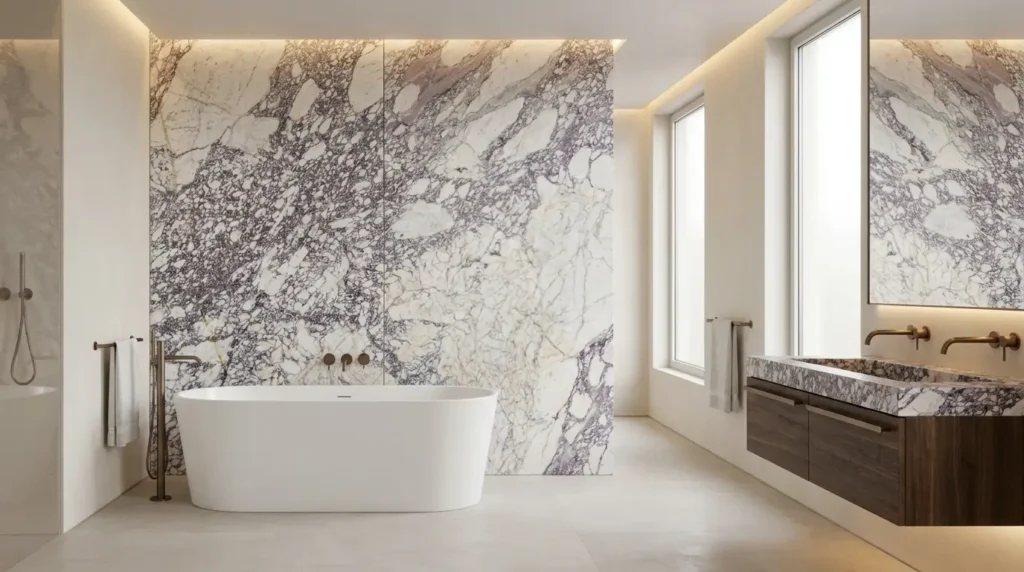 Afyon Violet marble wall with natural purple veining in a luxury bathroom