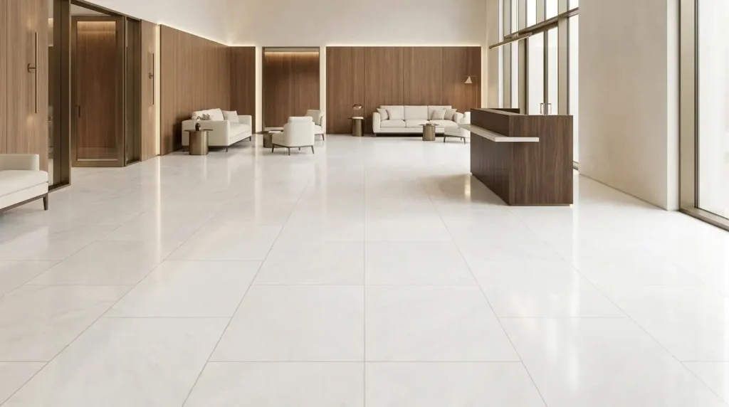 Afyon White marble flooring in a bright contemporary luxury hotel lobby