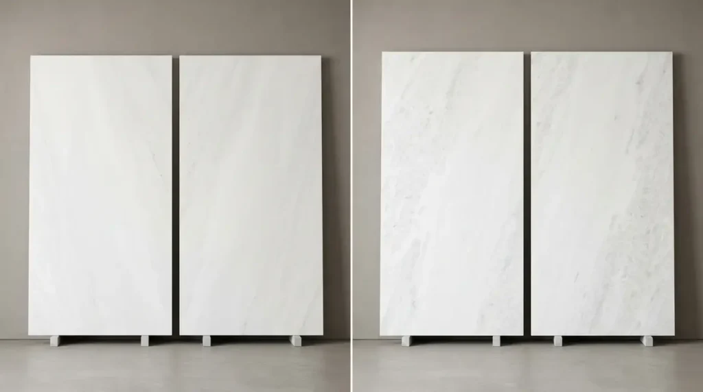 Afyon White and Mugla White Turkish marble slabs compared side by side