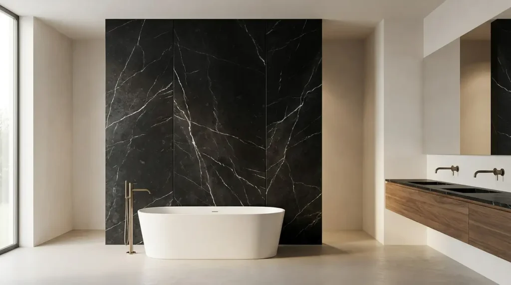 Alexander Black marble wall with natural white veins in a contemporary luxury bathroom