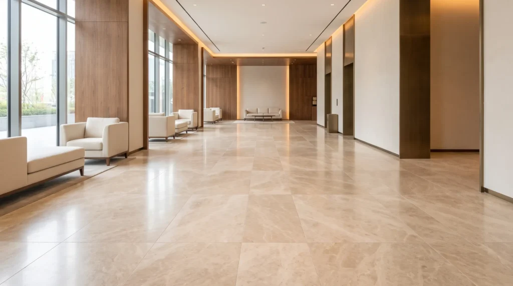 Burdur Beige marble flooring in a contemporary luxury hotel lobby