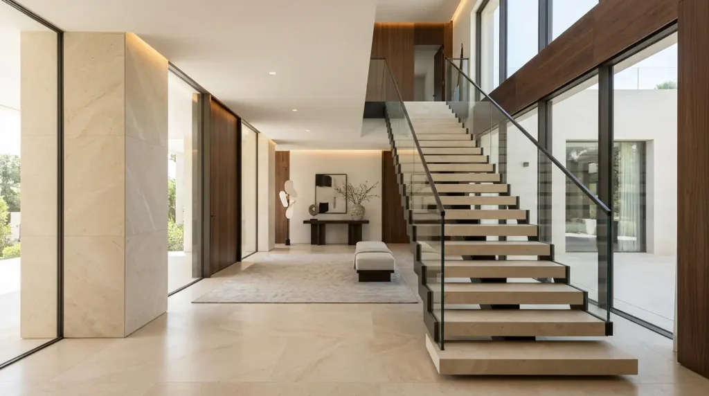 Crema Marfil marble flooring and staircase in a contemporary luxury villa