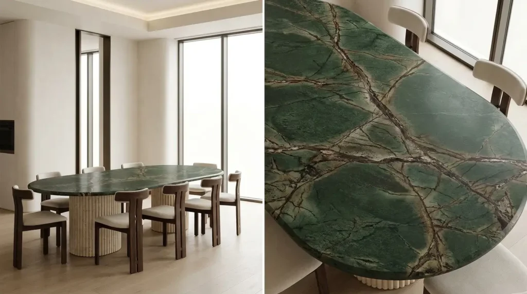 Custom Rainforest Green marble dining table with sculptural natural stone pedestal bases