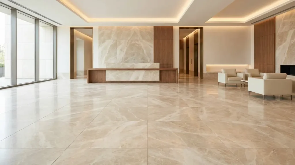 Diana Royal marble flooring in a contemporary luxury hotel lobby