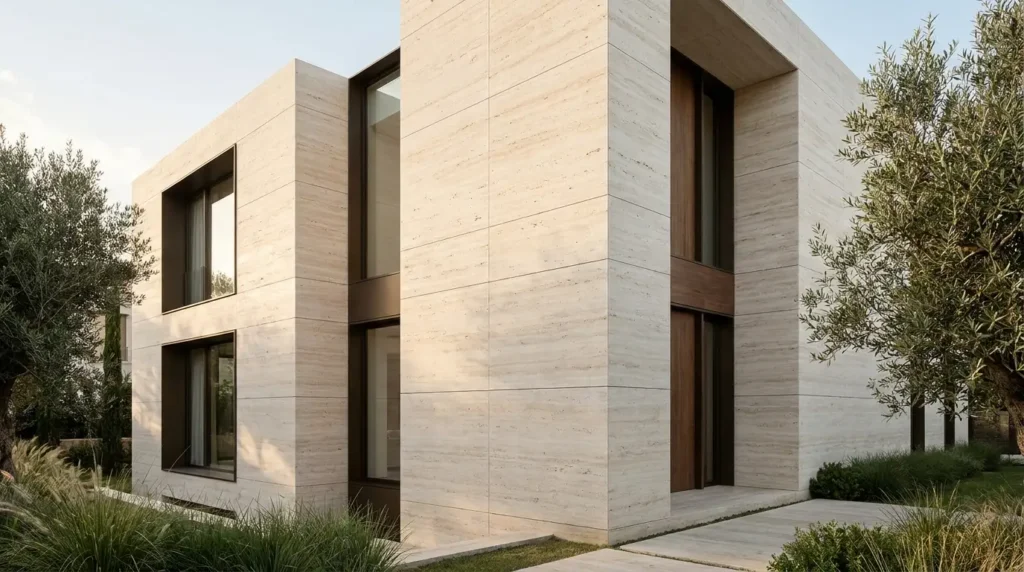 Fasadë moderne me travertin Ivory vein cut në një vilë luksoze