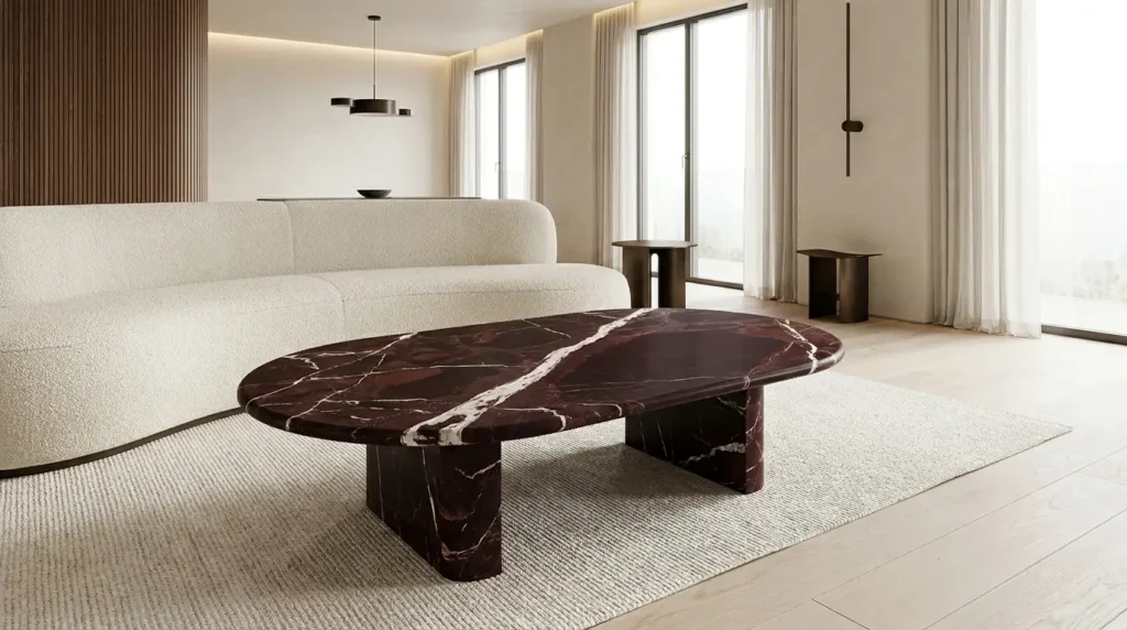 Custom Rosso Levanto marble coffee table in a contemporary luxury living room