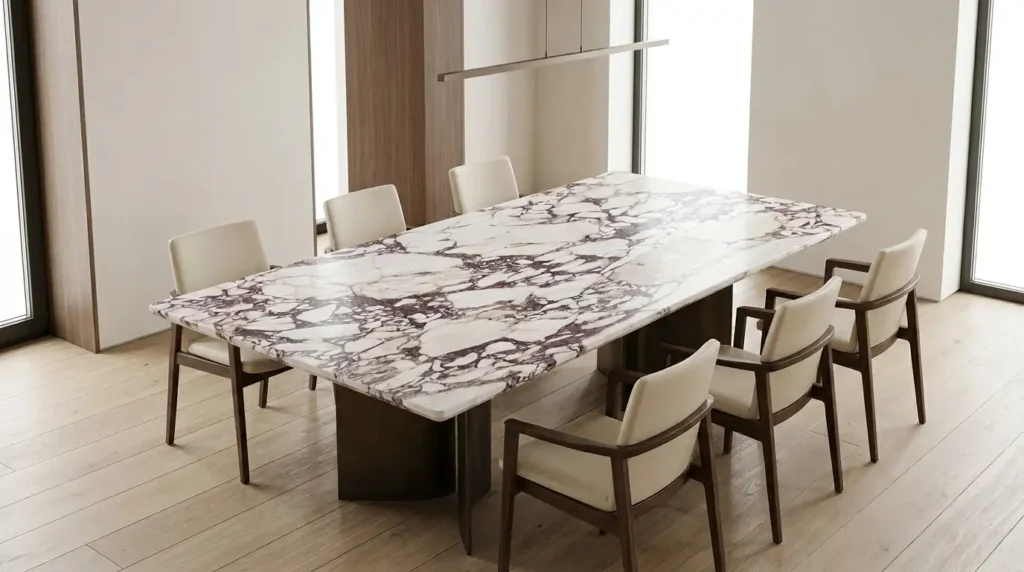 Custom Calacatta Viola marble dining table in a contemporary luxury interior