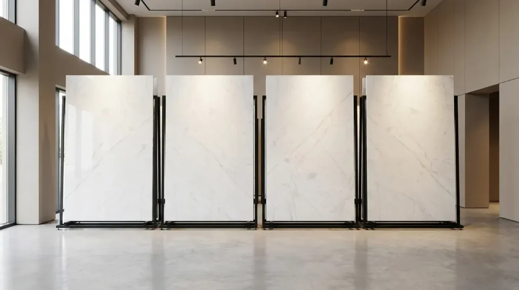 Mugla White marble slabs displayed for selection in a natural stone showroom