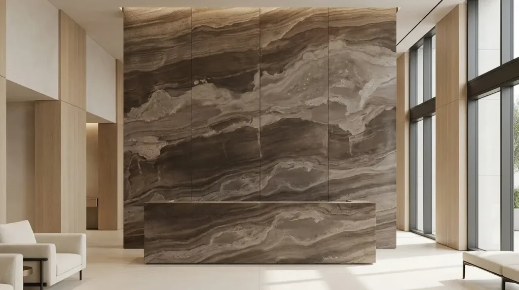 Narcisse marble wall with natural brown, mocha and taupe movement in a luxury hotel reception