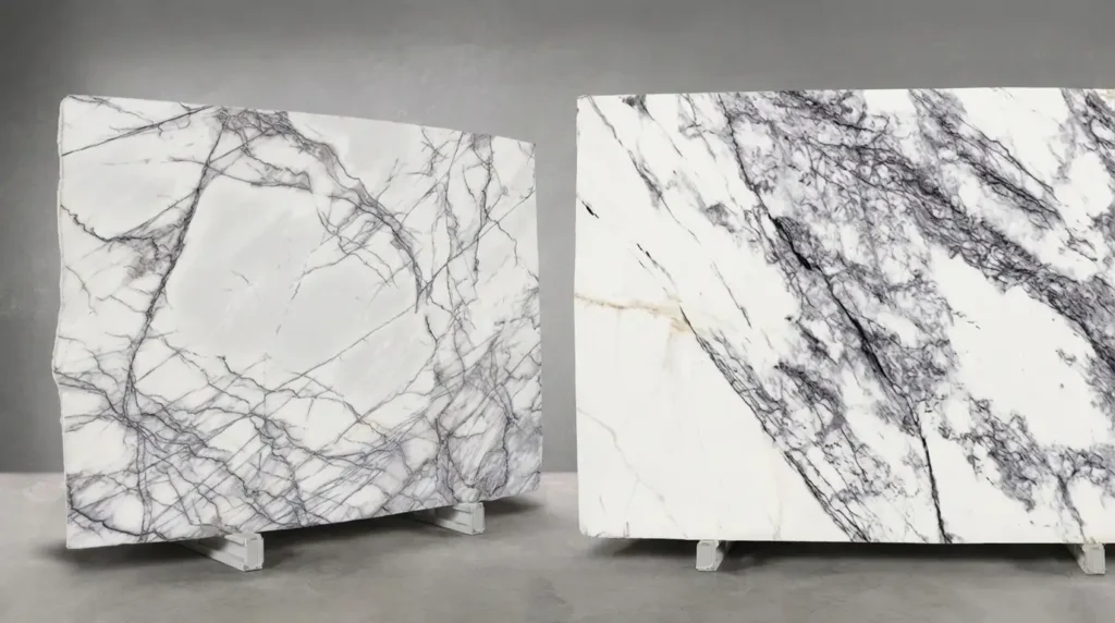 New York Marble and Milas Lilac slabs compared side by side