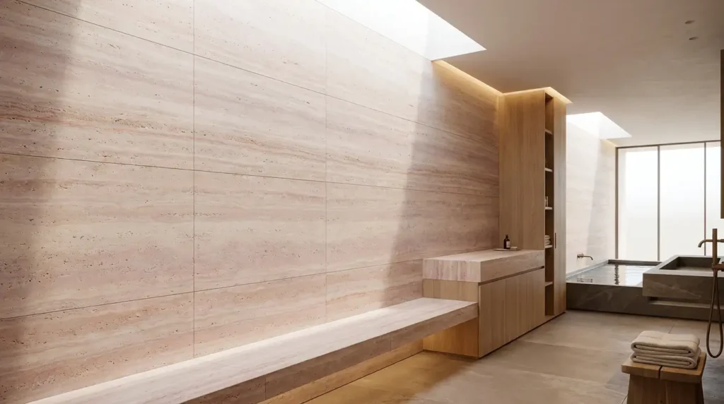 Vein-cut Pink Travertine wall with soft natural rose and cream layers in a luxury spa