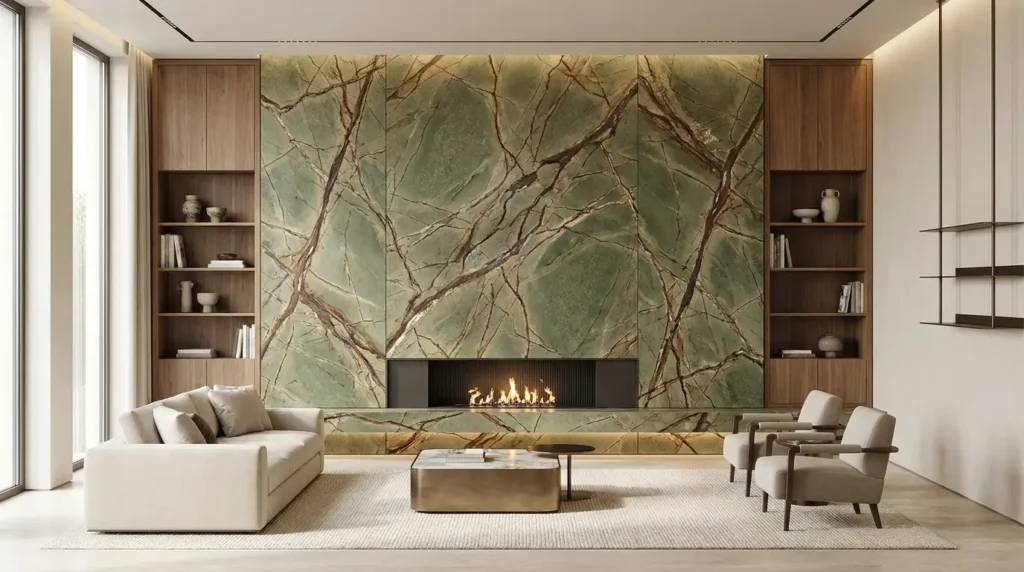 Rainforest Green marble fireplace wall with natural brown branching veins in a luxury interior