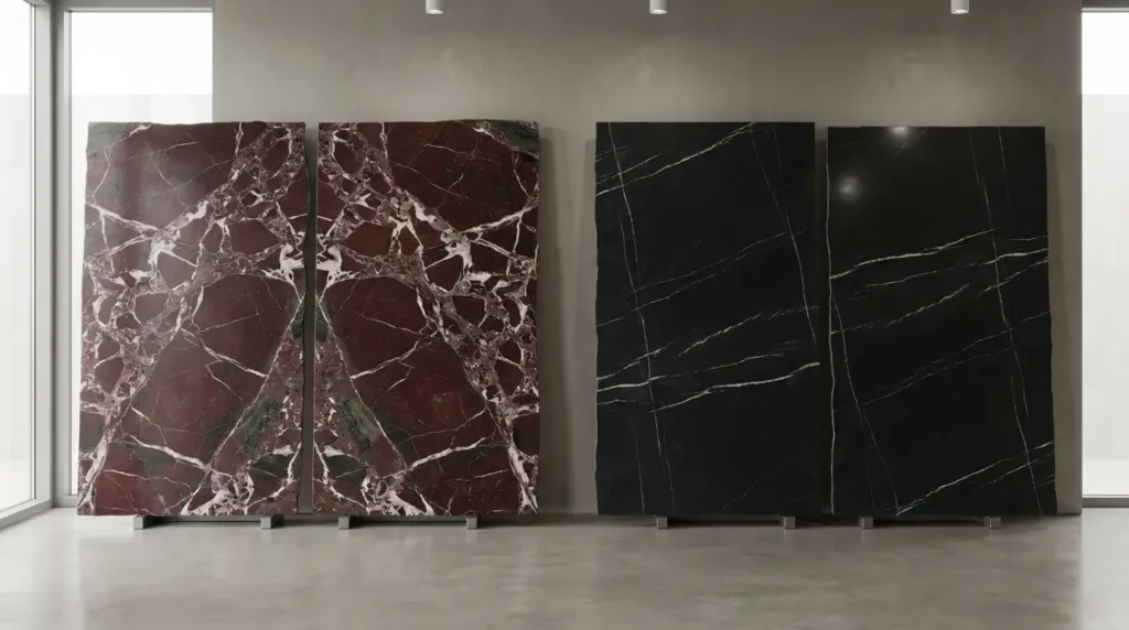 Rosso Levanto and Alexander Black natural stone slabs compared side by side