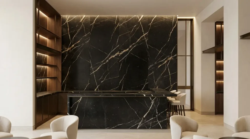 Sahara Noir marble wall with natural white and gold veining in a luxury hotel bar