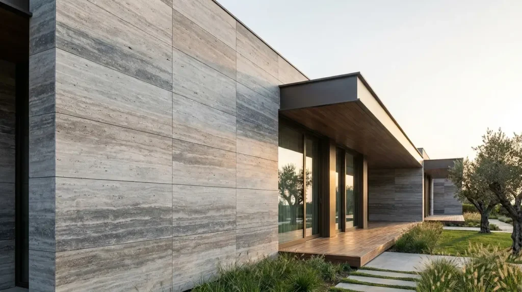 Vein-cut Silver Travertine facade with horizontal grey natural stone layers