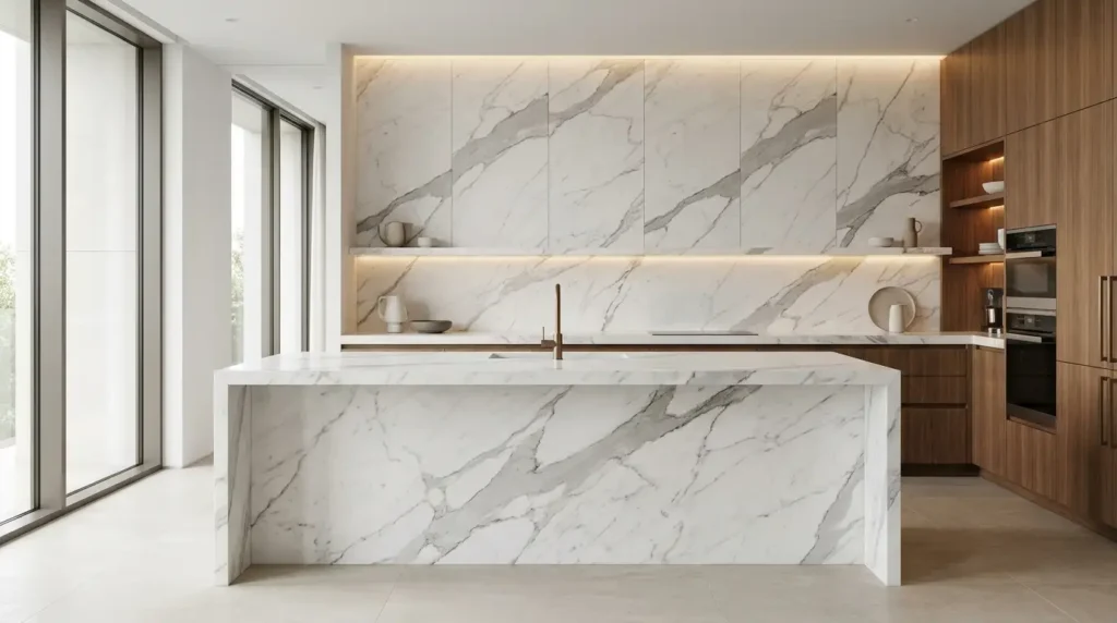 Statuario marble kitchen island with natural grey veining and full-height backsplash