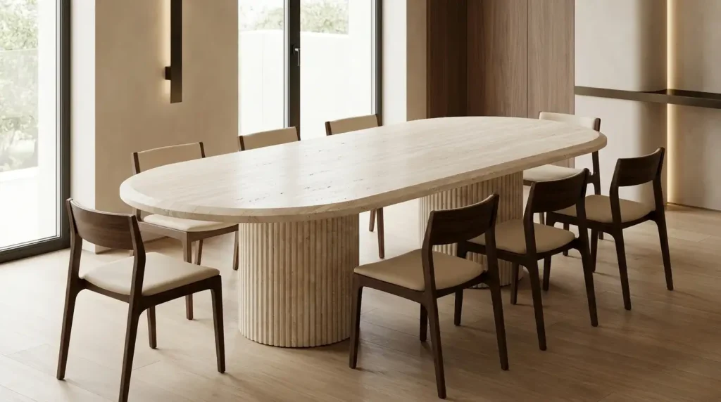 Custom Ivory Travertine dining table with fluted stone pedestal bases