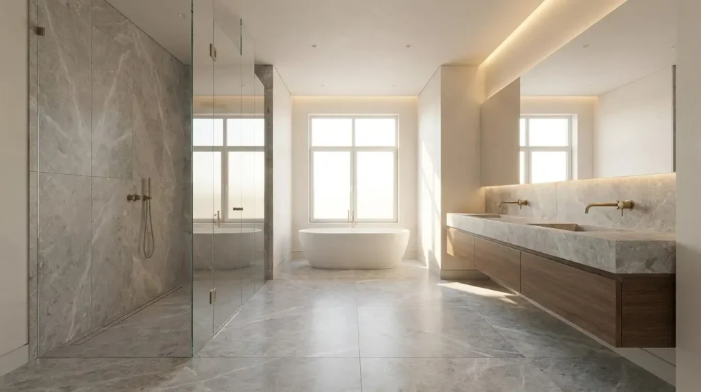 Mermer Tundra Grey në dysheme dhe muret e një banjoje moderne