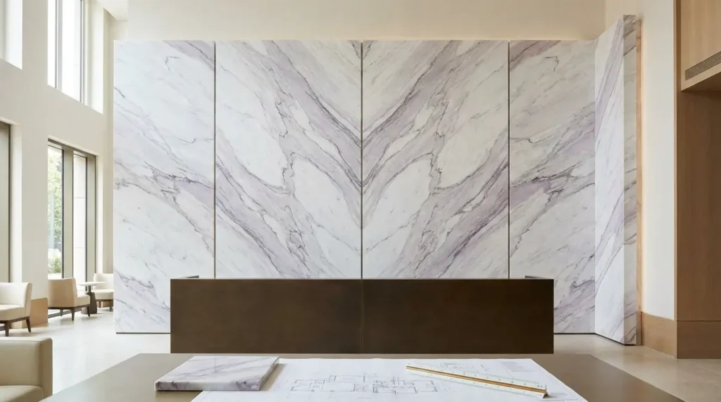 Bookmatched Milas Lilac marble wall using sequential slabs with a coordinated central joint