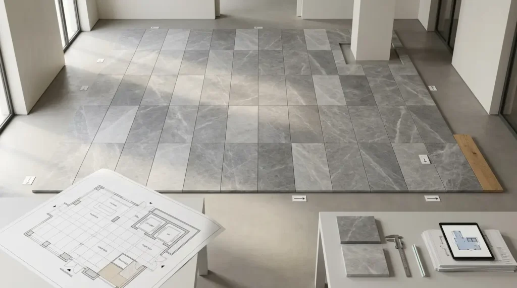 Large-format marble flooring dry layout with architectural floor plan and vein direction coordination