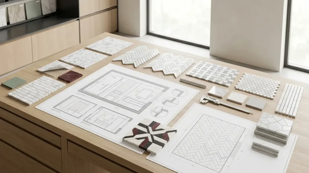 Marble mosaic samples and bathroom specification drawings arranged for architectural material selection
