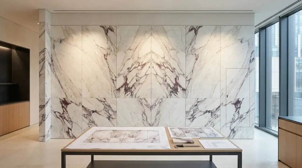 Bookmatched marble wall cladding panels with coordinated joints and architectural detailing