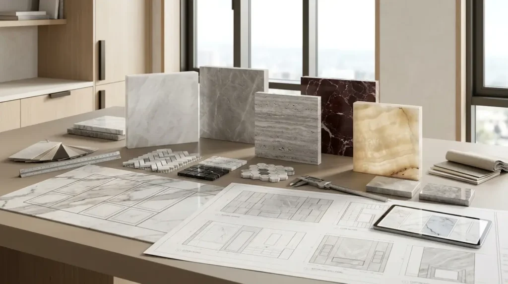Natural stone and marble mosaic samples arranged with architectural specification drawings